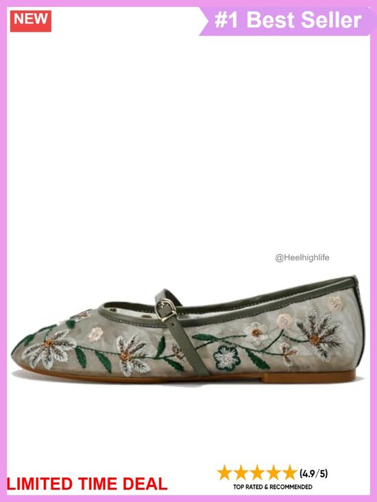 Shoes - Mesh Ballet Flats Embroidered Floral Round Toe Mary Jane Shoes